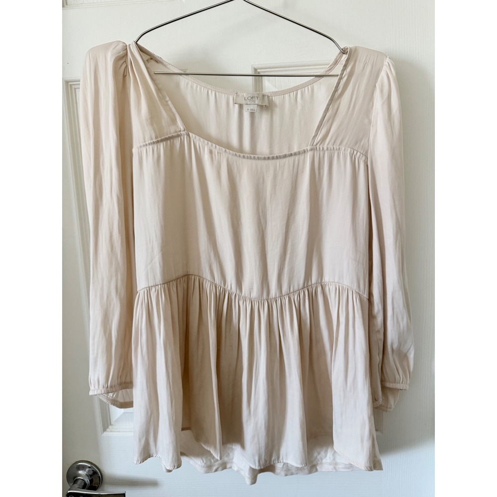 LOFT Outlet Cream Long Sleeve Peplum Blouse Square Neck Neutral Top Womens M